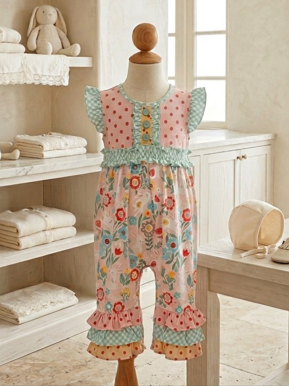 Marie Nicole Lilly Belle Cottontail Ruffle Romper Sz 12-18M